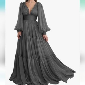 NWT Stacees Elegant Black Tulle V Neck Maxi Dress